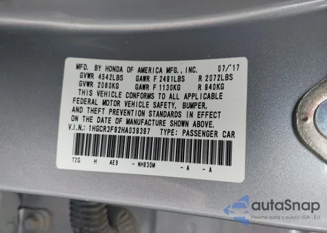 2017 Honda Accord Touring V6 из США, поврежденный, VIN 1HGCR3F92HA039397